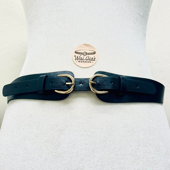 Black leather double buckle belt with gold metal hardware - Picture 1 of 3